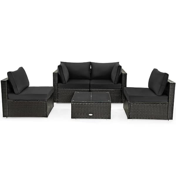 FORCLOVER 5-Piece Wicker Patio Conversation Set with Black Cushions