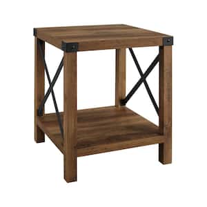 Urban Industrial 18 in. Rustic Oak Square Metal X Accent Side Table with Lower Shelf