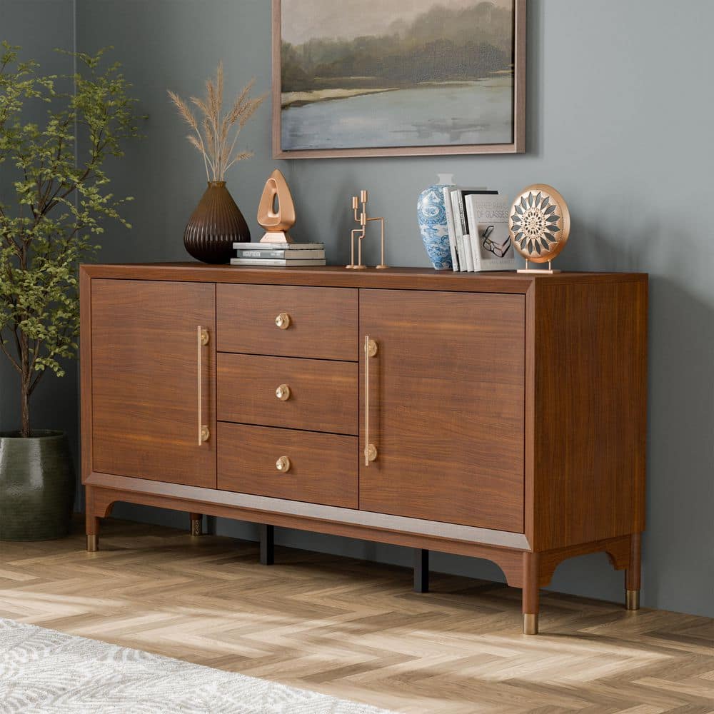 Forma Mid Century Walnut Wood 68.5 in. Buffet Server with Gold Metal Handles