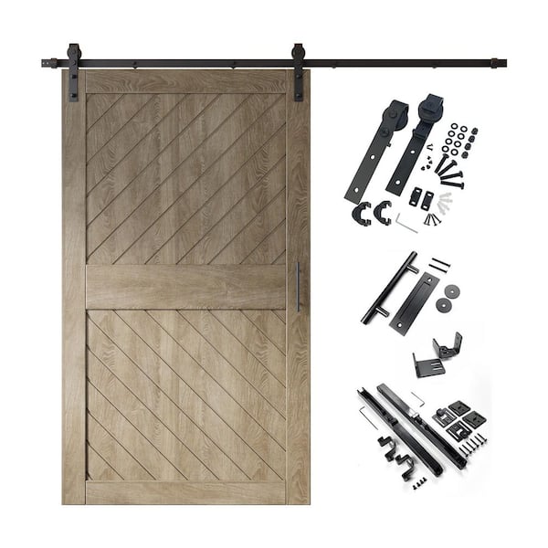 XT3 48 in. x 84 in. C-Panel Classic Gray Slanted Stripe Design Solid Pine Wood Sliding Barn Door with Hardware Kit