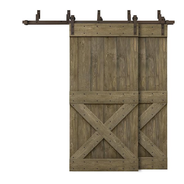 CALHOME 48 in. x 84 in. Mini X-Bypass Aged Barrel Stained DIY Solid Wood Interior Double Sliding Barn Door with Hardware Kit