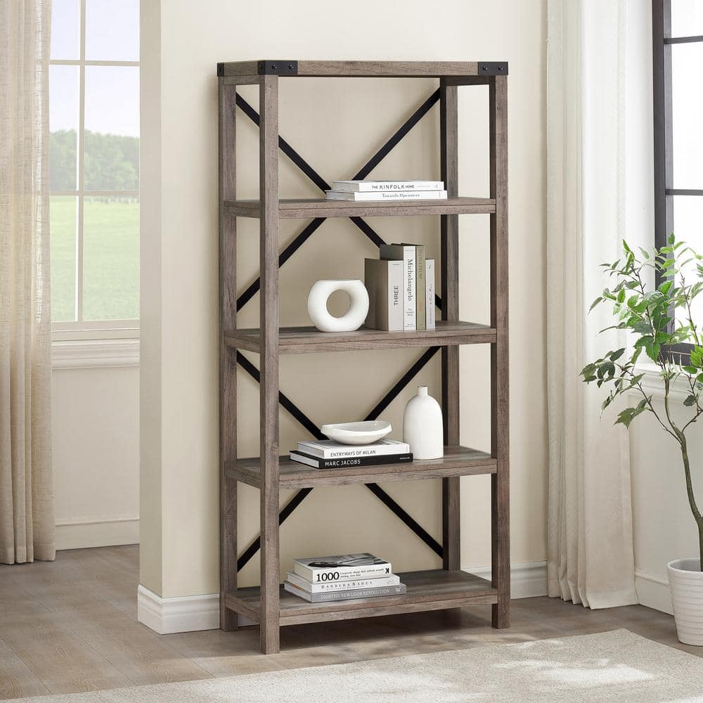 Gray 64" Water Resistant 4-Shelf Wood Bookcase