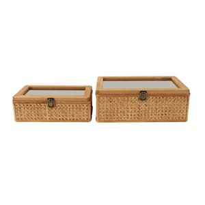 Square Rattan Handmade Woven Rattan Box with Glass Tops and Bronze Latches (Set of 2)