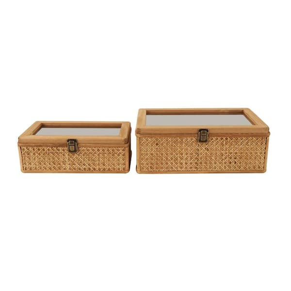 Litton Lane Square Rattan Handmade Woven Rattan Box with Glass Tops and Bronze Latches (Set of 2)