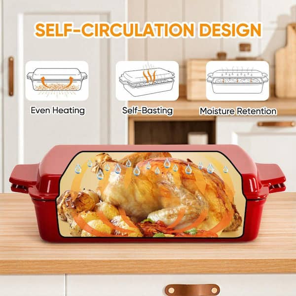 SANFANGIE 4 qt. Rectangular Cast Iron Dutch Oven in Red with Lid