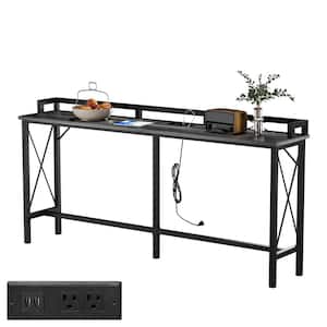 Narrow Charging Station 70.9 in. Gray Rectangle Wood Console Table with Outlet and USB Ports, Entryway Table Side Table