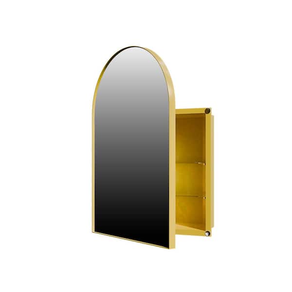 18 in. W x 24 in. H Arched Metal Medicine Cabinet with Mirror,Space-Saving Corner Design,Adjustable Glass Shelves,Gold