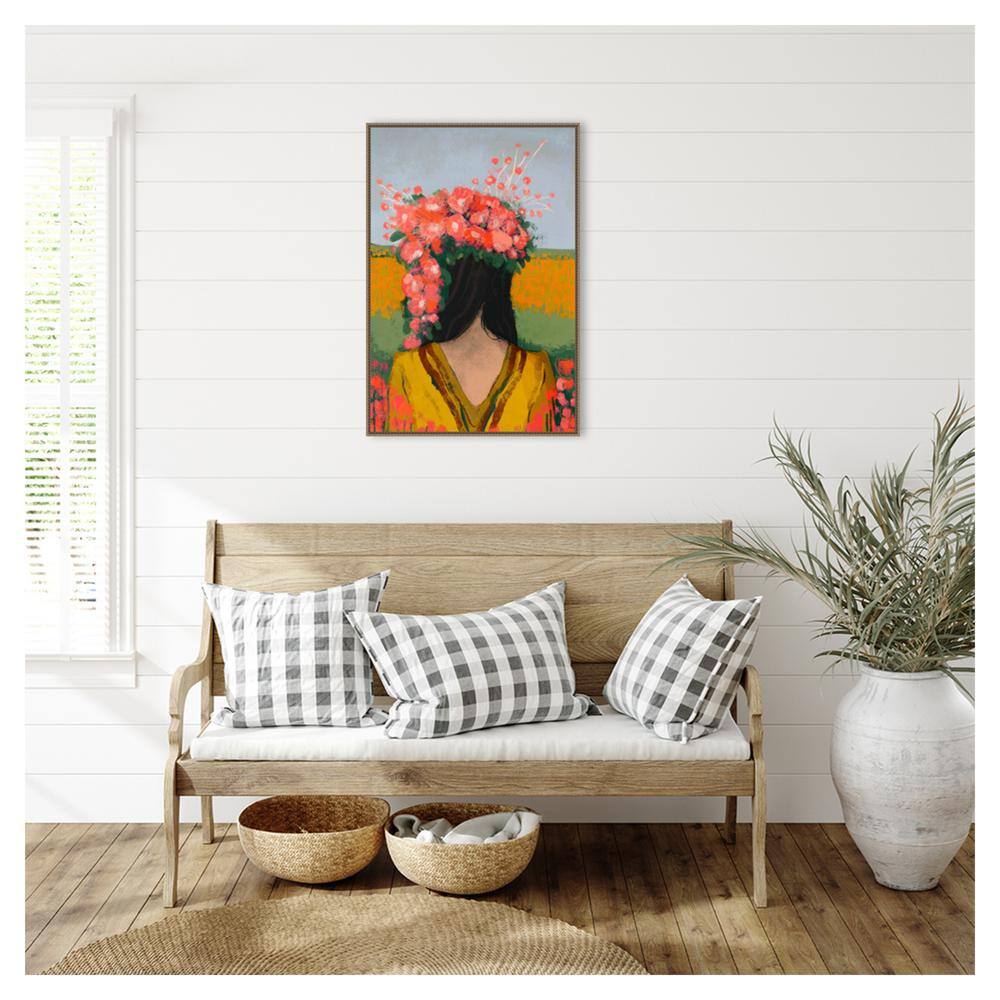 Woman with Floral Wreath Abstract Canvas Print in Bronze Frame
