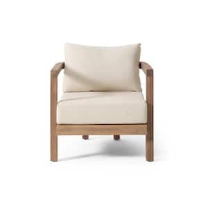 Outdoor acacia wood patio club lounge chair with deep seat for porch, garden, backyard, balcony with beige cushions