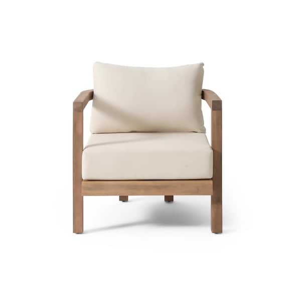 Unbranded Outdoor acacia wood patio club lounge chair with deep seat for porch, garden, backyard, balcony with beige cushions