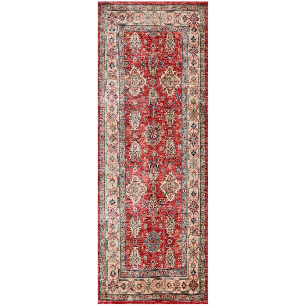 Red and Beige Synthetic Runner Rug with Non-Slip Backing
