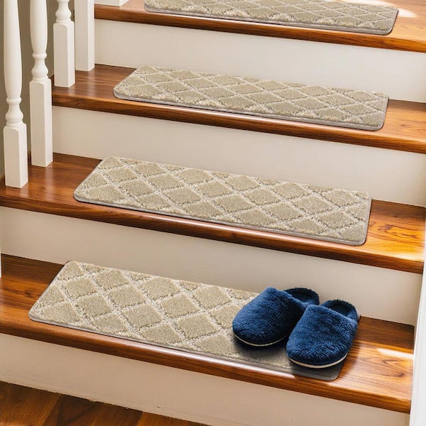 Diamond Trellis Cream Gray 8 in. x 30 in. Carpet Stair Tread Cover Protector Low Pile Indoor Mat Rug Tape Free Set of 12