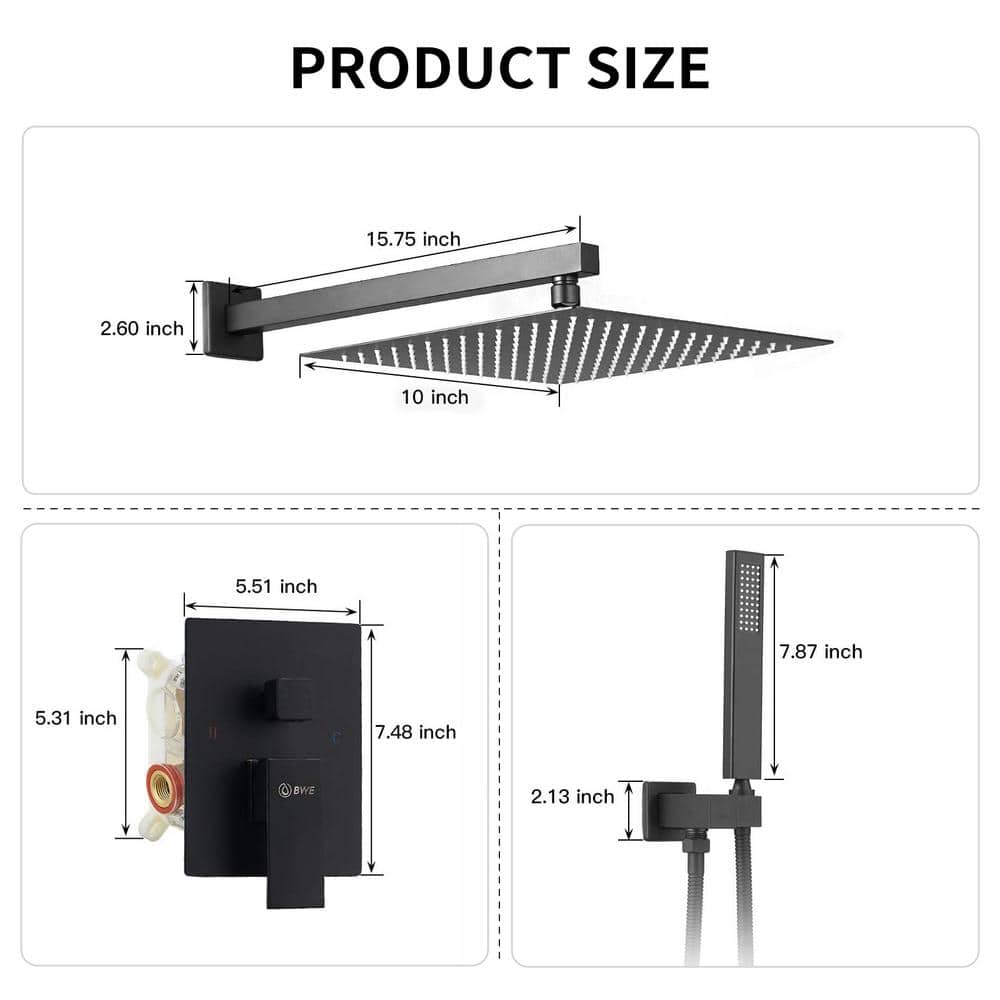 10 Inch Matte Black Stainless Steel Square Rain Shower Combo Set