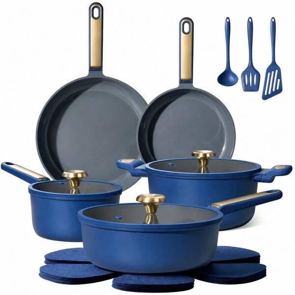16 Piece Blue Ceramic Nonstick Die-Cast Aluminum Pots and Pans Set Even Heating Easy Clean Kitchen Cookware