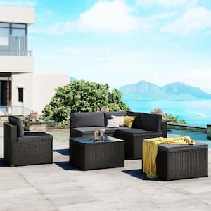 Black 6-Piece PE Wicker Rattan Outdoor Patio Furniture Sofa Set Sectional Sofa with Gray Cushions