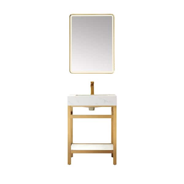 Funes 24 in. W x 22 in. D x 34 in. H Single Sink Bath Vanity in Brushed Gold with White Natural Stone Top and Mirror