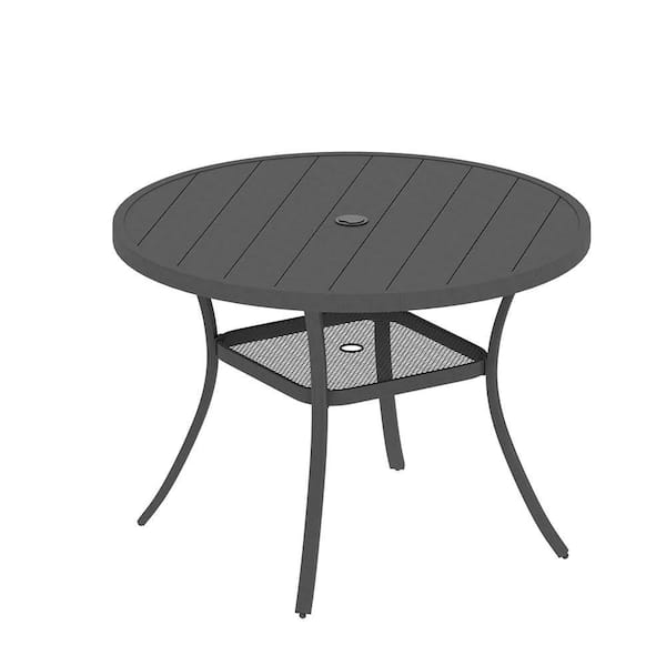 Sudzendf Dark Gray Round Metal Outdoor Dining Table with Umbrella Hole and Storage Shelf for 4 People