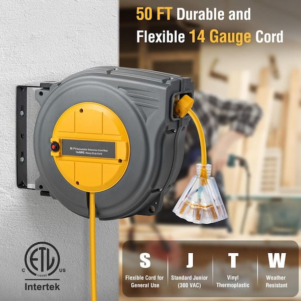 50 ft. 14AWG / 3C 13 Amp Extension Cord Reel with Retractable Power Cord, Triple Tap Outlets for Garage Workshop