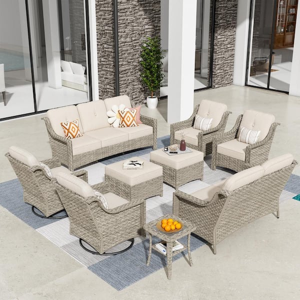 weaxty W Tulip H Gray 9-Piece Wicker Patio Outdoor Conversation Sofa Set with Swivel Rocking Chairs and Beige Cushions