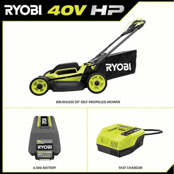RYOBI - 40V HP Brushless 20 in. Cordless Electric Battery Walk Behind Self-Propelled Lawn Mower with 6.0 Ah Battery and Charger