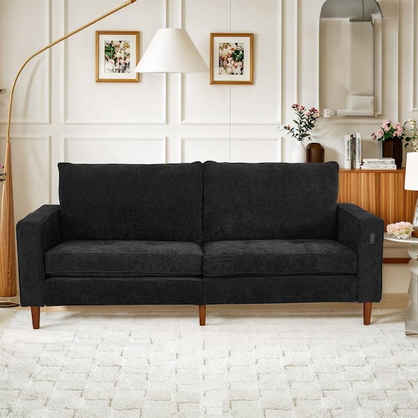 WONDER COMFORT Modern 82 in Wide Square Arm Chenille Upholstered Rectangle Loveseat Sofa with USB Ports in Black