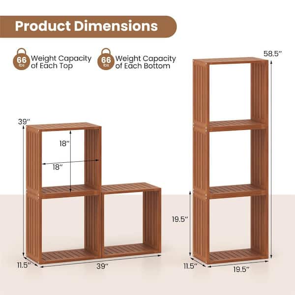 1 PCS 3 Cube 58.5 in. Tall Teak Wood 4-Shelf Stackable Accent Bookcases with Interior Shelves for Small Spaces