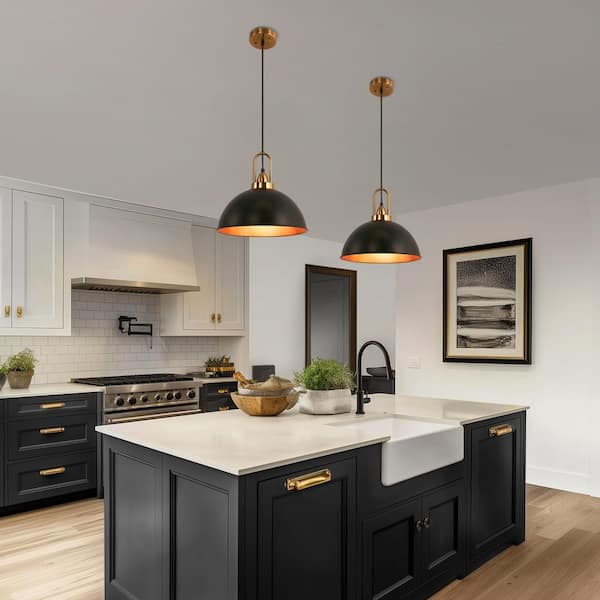 14 in. (2-Pack) 1-Light Farmhouse Black and Gold Pendant Lights with Bowl Shade E26 for Kitchen Island No Bulbs Included