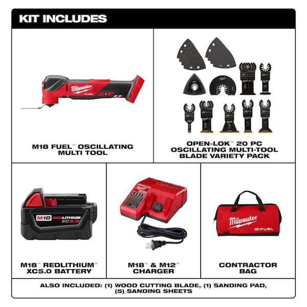 M18 FUEL 18V Brushless Oscillating Multi-Tool Kit w/ 5. 0Ah Battery, Charger, Bag with 20-Pc OMT Blade Kit