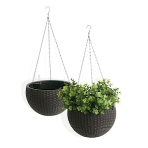 Modena 10 in. Mocha Wicker Hanging Basket with Water Tray (2-Pack)