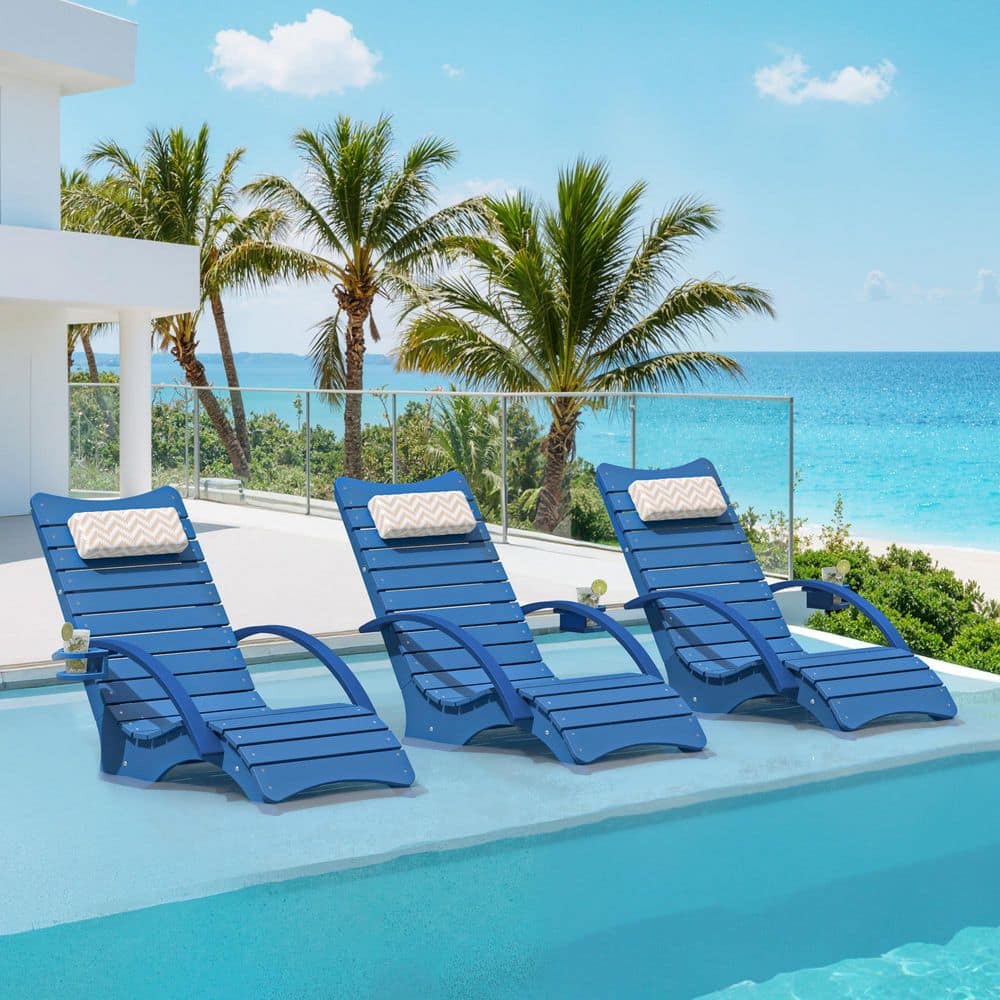 Navy Blue 3-Piece HDPS Plastic Aquawave Outdoor Chaise Lounge Pool Lounge Chairs with Headrest and Cup Holder for Pool price history on PriceWatchPro