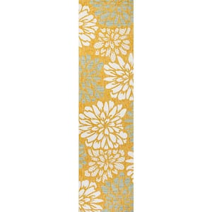 Zinnia Modern Floral Textured Weave Yellow/Cream 2 ft. x 10 ft. Indoor/Outdoor Area Rug