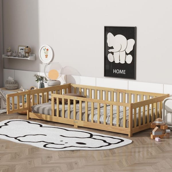 Natural Twin Size Kids Bed with Fence and Door,safety Guardrails