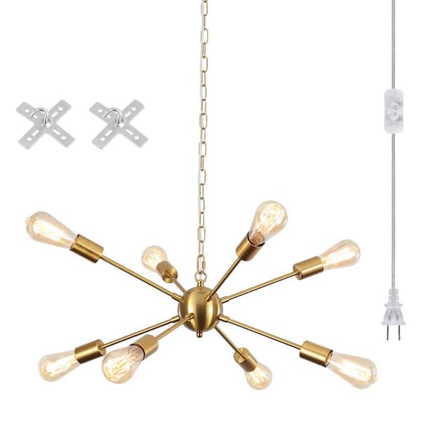 8-Light Gold Dimmable Plug in Sputnik Chandelier with Cord & ON/OFF Switch for Living Room with No Bulbs Included