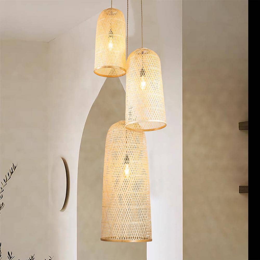 Tan Bamboo and Rattan 3-Light Pendant with Handwoven Shades