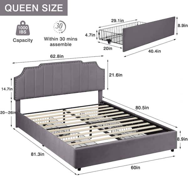 Queen Metal Platform Bed Frame with 4 Storage Drawers and Upholstered Headboard, Gray
