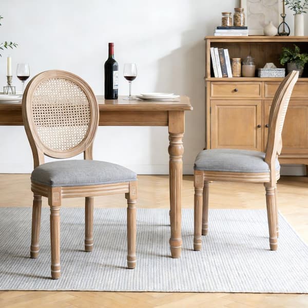 Farmhouse Grey Linen Upholstered Dining Chairs with Solid Wood Legs and Woven Rattan Backrest, (Set of 2)