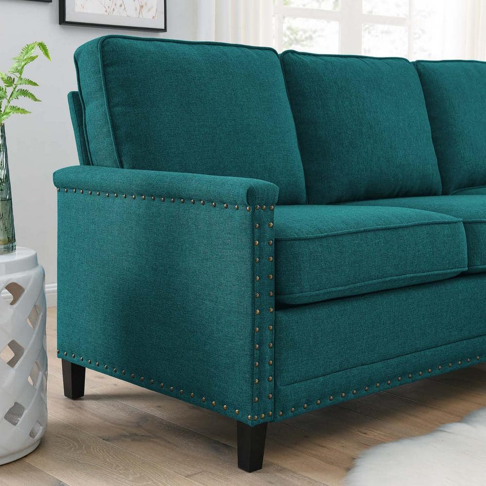 Teal Fabric Lawson Sectional Sofa with Nailhead Trim