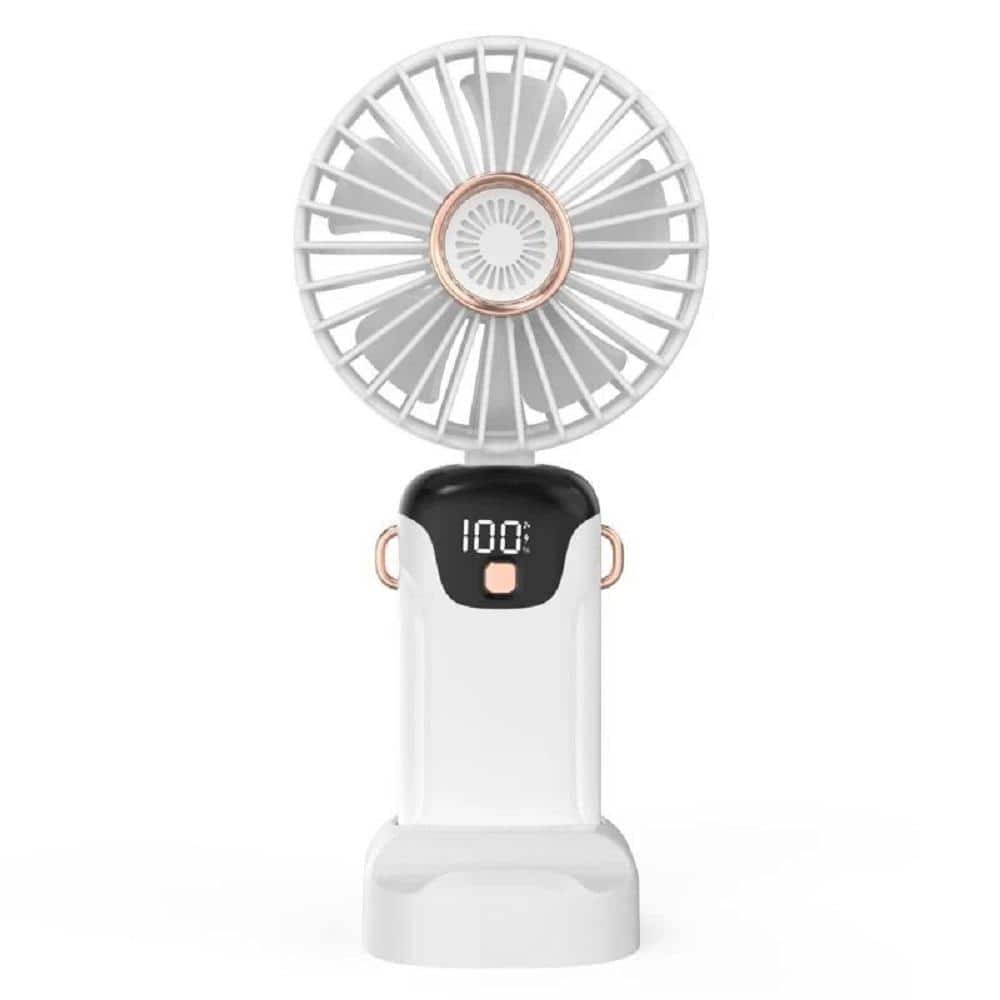Portable Mini Handheld 4 in. 5 Fan Speeds Desk Fan in White with LED Screen