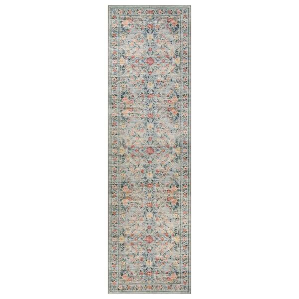 Floral Garden Coastal Blue Machine Washable Non-Slip Backing 2 ft. x 8 ft. Blue Area Rug