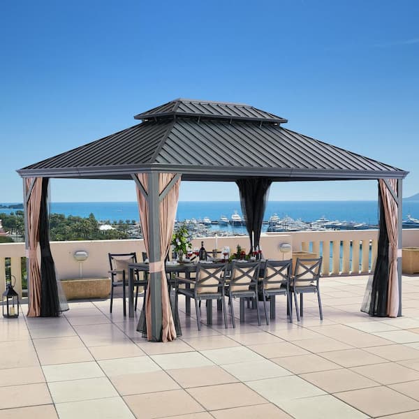 12 ft. x 16 ft. Light Gray Aluminum Hardtop Gazebo with Double Roof Canopy, Beige Curtains and Netting