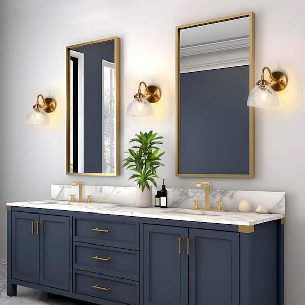 Modern Dome Bathroom Wall Light 1-Light Plating Brass Bedroom Wall Sconce with Textured Glass Shade