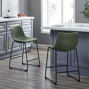 Wasatch 26 in. Green Low Back Metal Frame Counter Height Bar Stool with Faux Leather Seat (Set of 2)
