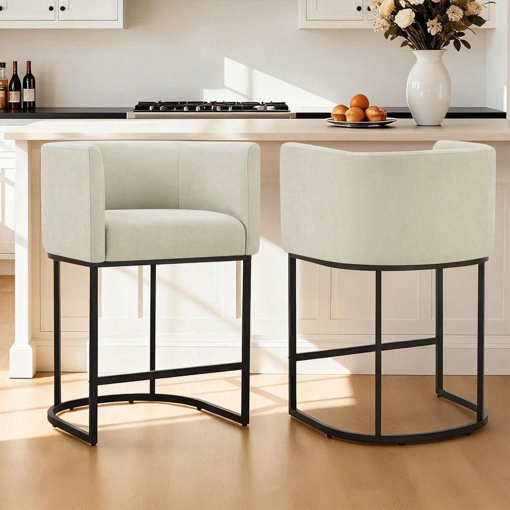 Spruce & Spring Nyla 32.3 in. Beige Fabric Metal Frame Upholstered Counter Height Bar Stool with ...