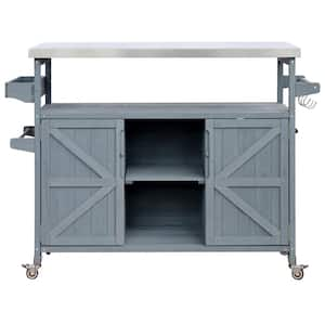 Grey Blue Wooden 50 in. Kitchen Island on Wheels with Stainless Steel Top, Spice Rack, Towel Rack, Outdoor Grill Table