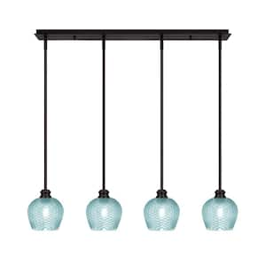 Albany 60-Watt 4-Light Espresso Linear Pendant Light with Turquoise Textured Glass Shades and No Bulbs Included