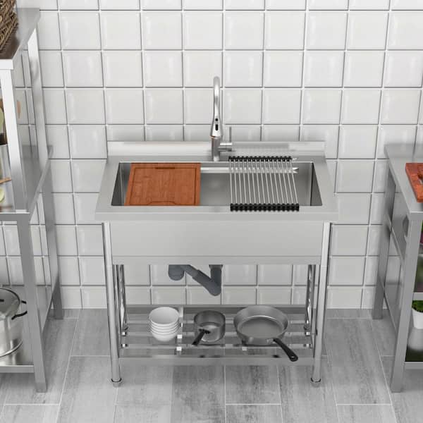 36 in. W x 21 in. D Freestanding Stainless Steel 1-Compartment Commercial Kitchen Sink with Faucet and Drain