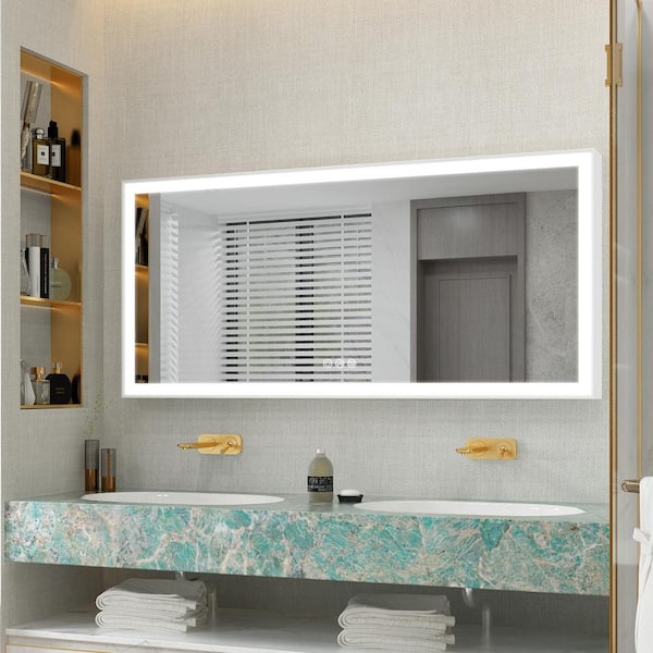 WELLFOR ERIC 60 in. W x 28 in. H Rectangular Aluminum Framed Anti-Fog LED Light Wall Bathroom Vanity Mirror in White,3000K-6000K