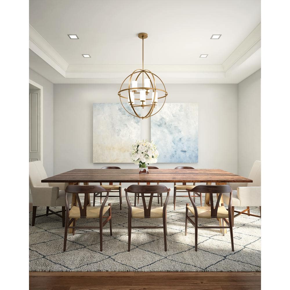 Satin Brass 9-Light Chandelier with Etched Glass Shades