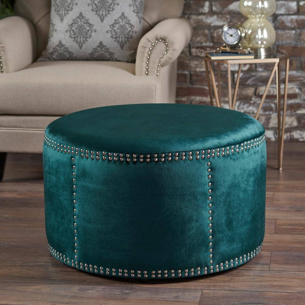 Teal Velvet Round Studded Accent Ottoman