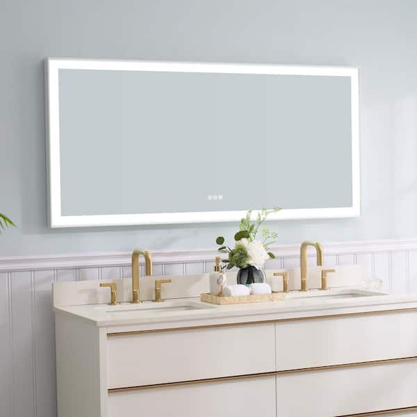 ANGELES HOME 60 in. W x 28 in. H Large Rectangular Heavy Duty Framed Wall Mount LED Bathroom Vanity Mirror in White, Anti-Fog, Plug